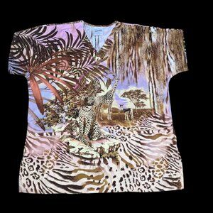 Women's Comfy Cotton Safari Giraffe Leopard Scrub Top Medium Stunning